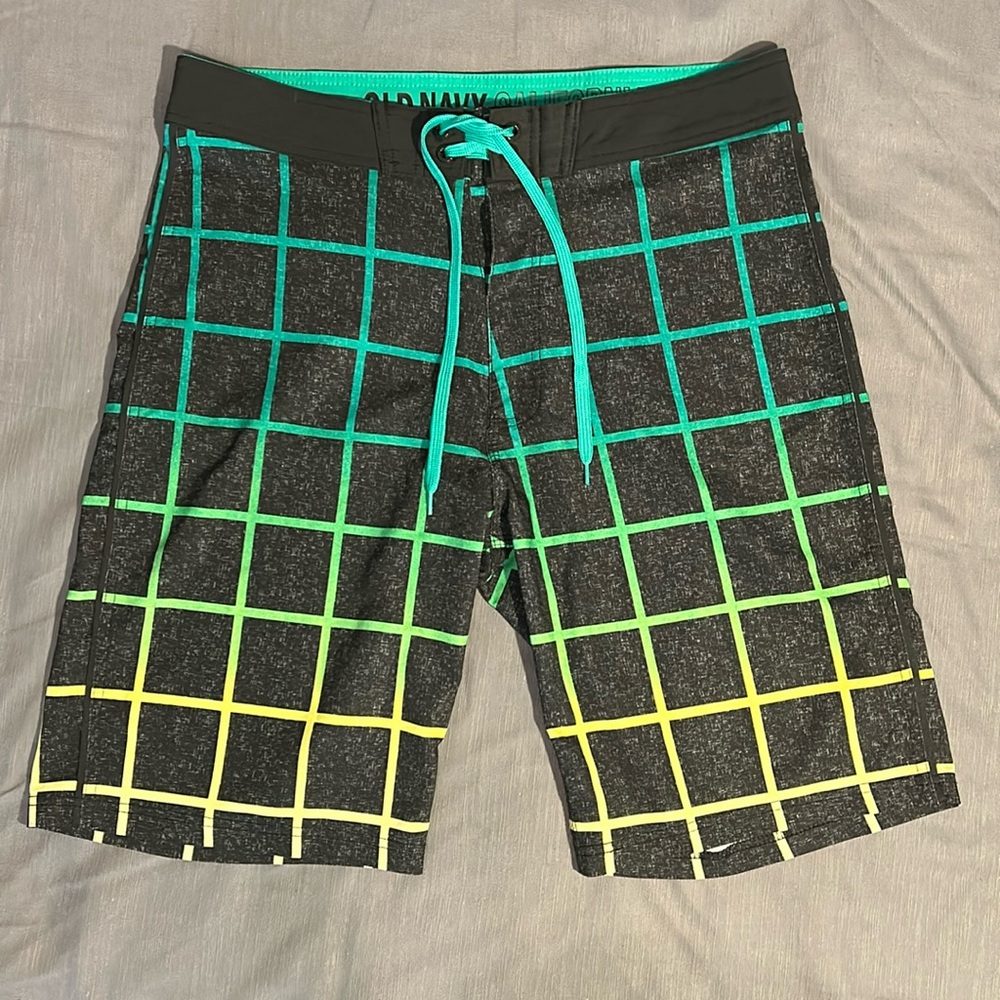 Old Navy | Men’s Swim Trunks | Black Green Yellow Checkered | Size 34